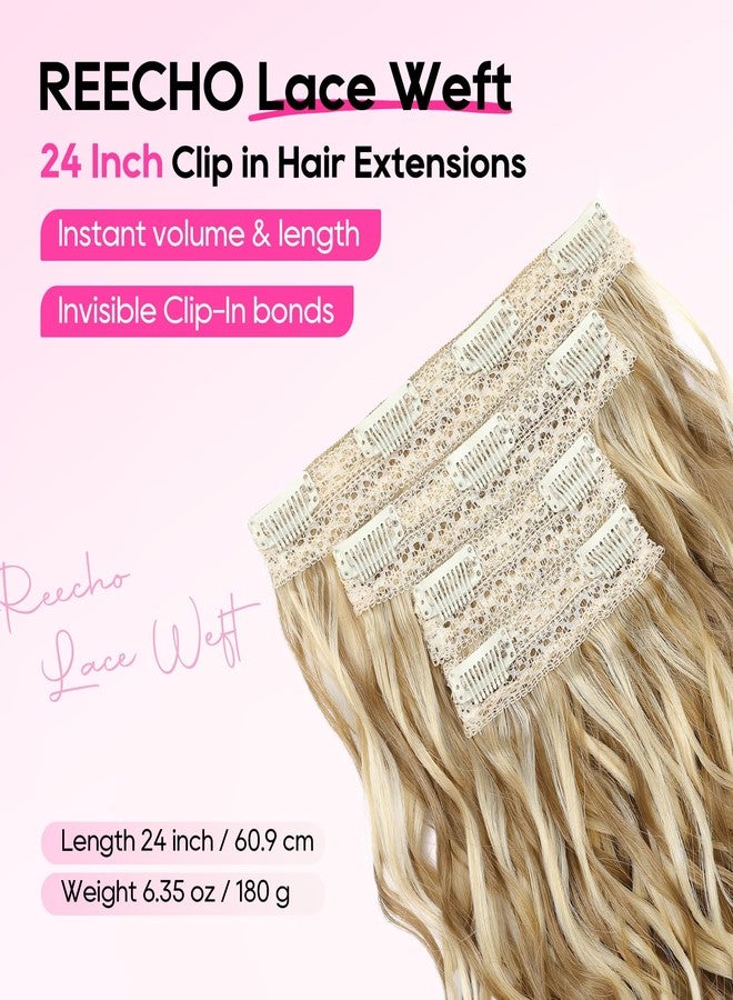 REECHO Curly Clip in Hair Extensions, 4PCS 24 inch Long Hair Extensions Clip ins Lace Weft Natural Hairpieces for Women Daily, Medium Blonde with Highlights - Image 2